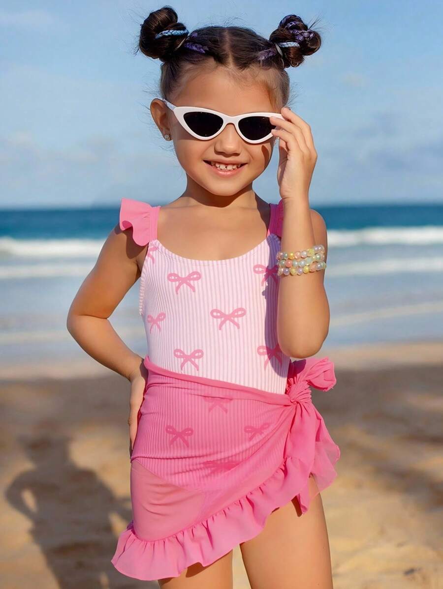 Sparklyn 1 Pc Young Girls' Striped Stylish One-Piece Swimsuit, Suitable For Summer Summer Holiday