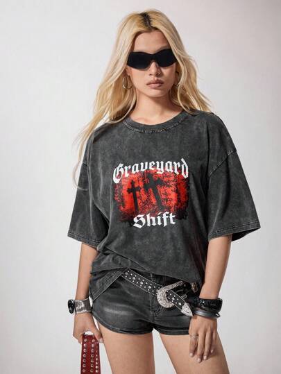 Boheris NickBaileyDesigns Black, 100% Cotton, Vintage Washed Grunge Punk Slogan Graphic Tee, Distressed Print, Cross Design, Round Neck Loose Casual Women T-Shirt Short Sleeve, Suitable For Summer, Music Festivals, Rave, Coachella, Summer Outfits Graveyard Shift T-Shirt Oversized Graphic Tee Grunge Clothes For Women Womens Oversized T-Shirt Vintage T-Shirts Women Oversized Graphic Tee Women Womens Oversized Tee Shirts Vintage T Shirts Women Streetwear For Women