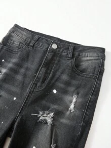 SHEIN Jeans negros rotos y desgastados de estilo vintage Y2K con cortes y roturas, de tela elástica, para niños y adolescentes, ropa casual y de uso diario para otoño, invierno y vuelta al cole, ideal para fiestas, festivales y streetwear - Negro - Ver 4