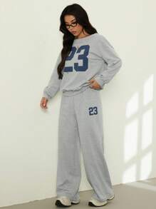 SHEIN PETITE 2件套女士休闲数字印花长袖上衣和长裤套装