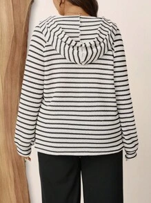 Zelara Plus Size Women Stripe Raglan Sleeve Button Half Placket Drawstring Sweatshirt Slouchy Casual Style Airport Winter Fall School - Black and White - View 7