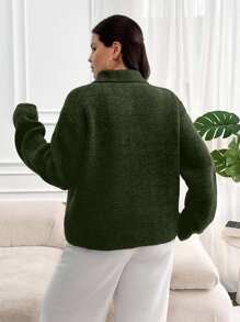 EURMUSE 大码纯色针织开衫，秋冬休闲 - 軍綠色 - 查看 2