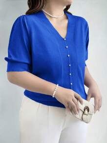 EMERY ROSE 大码女式纯色纽扣设计短泡泡袖套头毛衣针织衫秋冬款 - 藍色 - 查看 3