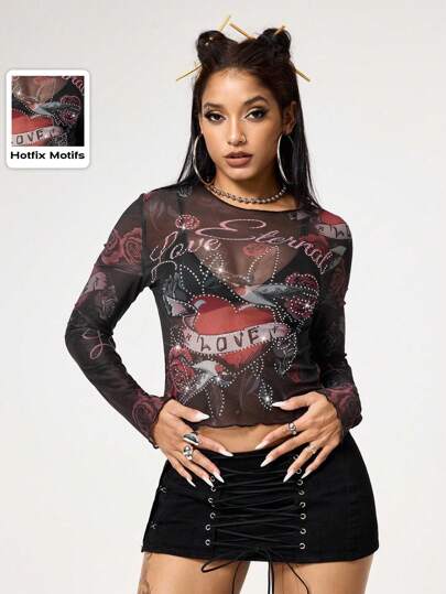 Grunge Punk Y2K Retro Sassy Rose & Heart All-Over Print Rhinestones Women Mesh Top