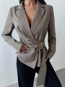 Firerie Veste de tailleur femme avec décoration métallique, imitation lin marron gris / Vêtements femme pour l'automne / Tenues femme pour l'automne / Tenues pour la rentrée / Homecoming / Tenue décontractée chic pour femme / Style "Old Money" pour femme / Tenues de bureau pour femme / Tenues de sortie pour femme - Taupe - Voir 7