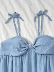 SHEIN Váy dây mảnh màu trơn thường ngày cho bé gái tuổi teen mùa xuân và mùa hè, trang trí nơ, dễ thương/nữ tính - Màu xanh nhạt - Xem 3