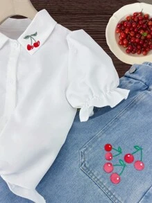 2Pcs Big Girl White Short Sleeve Polo Collar Cherry Print Shirt + Drooping Sense Tencel Denim Long Pants Set, Casual Commuting School Style - White - View 5