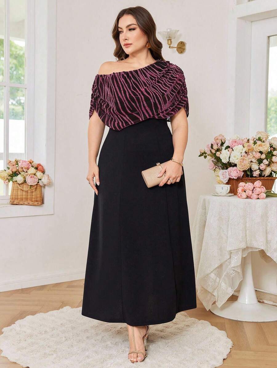 Modelyn Plus Size Asymmetrical Neck Striped Patchwork Fitted Bodycon Dress - Pink - View 1