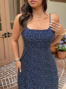 SHEIN EZwear Váy in hoa màu trắng nền xanh navy dệt kim cỡ lớn - Màu xanh hải quân - Xem 3