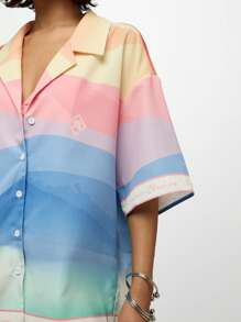 SUMWON WOMEN Resort Vacation Button Up Blouse Collared Hawaiian Ombre Watercolor Print Summer Beach Cover Lounge Wear Relaxed Fit Pastel Rainbow