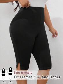 SHEIN PETITE 大码纯色开叉下摆紧身裤 - 黑色 - 查看 3