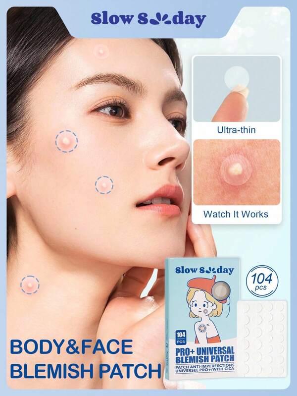 Parche universal Pro+ SlowSunday para imperfecciones, eliminación de acné, parches para granos, calma la piel, para rostro y Body, ultra delgado, impermeable y transpirable para uso diario, parche de hidrocoloide para el acné, 104 piezas