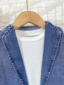 2pcs Set Young Girls Denim Jacket With Collar & Ruffle Waist Denim Shorts - Medium Wash - View 3