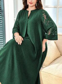 Lacomfia Vestido plus size feminino solto casual confortável elegante estilo árabe, gola redonda, cor contrastante, renda vazada, patchwork, design texturizado - Verde - Ver 1