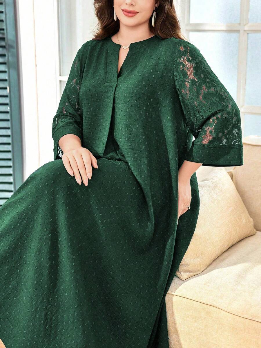 Lacomfia Vestido plus size feminino solto casual confortável elegante estilo árabe, gola redonda, cor contrastante, renda vazada, patchwork, design texturizado - Verde - Ver 1