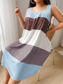 SHEIN Áo ngủ ba lỗ in họa tiết sọc nhiều màu cỡ lớn, Moo Moo - Màu xanh nhạt - Xem 3