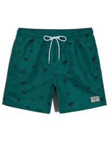 Surfspeed 男士夏季休闲椰子树印花抽绳腰沙滩短裤 蓝绿色泳裤 男士沙滩装 男士绿色泳裤 绿松石色泳裤 男士泳裤 - 墨綠色 - 查看 3