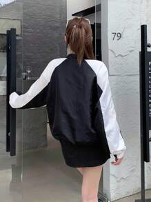 SHEIN 青少年女孩黑白春季拼色插肩袖下摆拉链风衣夹克，返校季