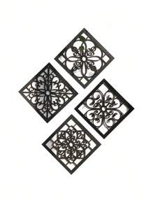 ROMWE Goth 4 miếng gỗ chạm khắc hình học trang trí tường châu Âu - Nền gỗ nguyên khối nghệ thuật trang trí nhà cửa - màu đen - Xem 4