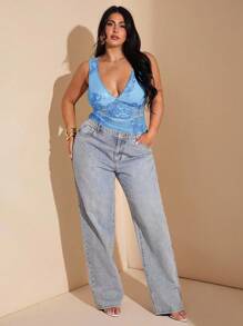 SHEIN BAE 大码女式优雅性感蕾丝边 V 领无袖吊带背心，适合度假、日常约会、夜间外出、俱乐部、派对、泳池派对、休闲度假、海滩 - 淺藍色 - 查看 6