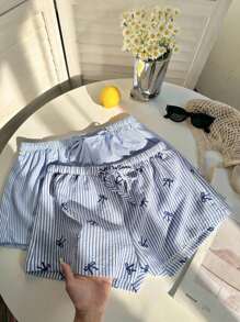 SHEIN Unity 2件套女士抽绳条纹短裤和条纹蝴蝶结短裤，夏季 - 藍色 - 查看 1