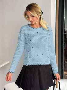 EURMUSE Áo len dệt kim cổ tròn đính đá và họa tiết tương phản cho nữ dáng thường mùa đông - Màu xanh lam - Xem 4