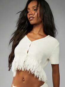 MISSGUIDED Summer Resort Fringe Hem Co Ord Set V Neck Crop Top Mini Skirt Festival Beach Vacation Holiday Two Piece Outfit Party Casual Knitwear