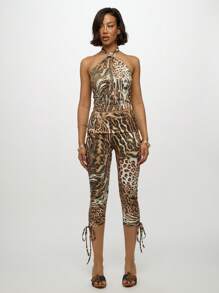 SUMWON WOMEN 混合动物印花折叠七分紧身裤，带有褶皱侧边细节，可调节抽绳侧边收褶，适合派对俱乐部夜间外出时尚单品秋冬系列 - 彩色 - 查看 3