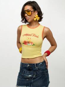 SUMWON WOMEN 夏季 Mai Tai 图案露脐背心，度假休闲夏威夷热带花卉印花无袖修身沙滩派对节日T恤 - 黃色 - 查看 6