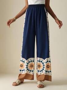 Lyxana Women Elastic Waist Placed Floral Wide Leg Pants Fall Cloth For Women - Multicolor - View 5