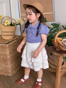 DAZY 2 件套婴儿/幼儿女孩格子印花休闲短袖衬衫 + 裙子套装，夏季 - 藍色 - 查看 8