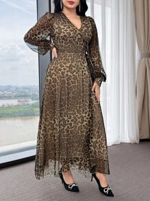 Modelyn Đầm thanh lịch buộc dây phía trước họa tiết da báo cho nữ tay đèn lồng - màu nâu - Xem 3