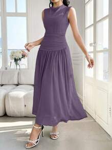 Modelyn Women's Design Sense High Neck Sleeveless Ruched Dress - Purple - View 6