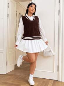 SHEIN EZwear 秋冬大码休闲撞色条纹针织背心 - 棕色 - 查看 5