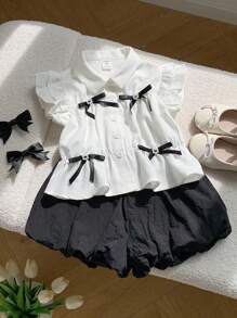 Set de 2 piezas con camisa informal de rayas tejida y falda corta de vuelo con estampado floral para niñas jóvenes - Blanco - Ver 1