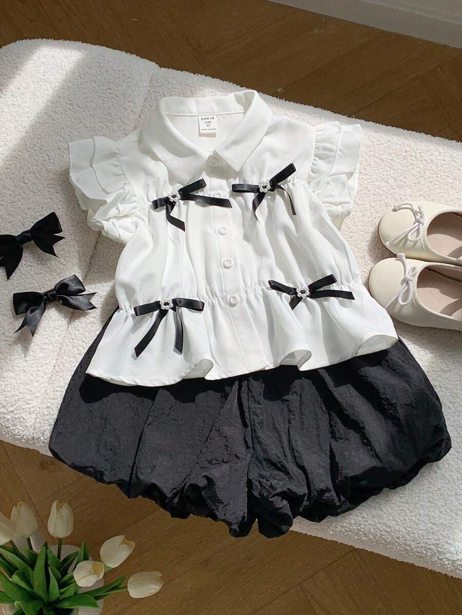 Set de 2 piezas con camisa informal de rayas tejida y falda corta de vuelo con estampado floral para niñas jóvenes - Blanco - Ver 1