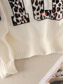 SHEIN Suéter holgado de manga larga, cuello en V, estilo callejero informal para niña preadolescente, con estampado de leopardo y logo de LA - Albaricoque - Ver 7
