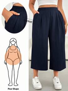 Shapeblank 大码女装春夏时尚休闲宽松舒适凉爽日常基本百搭纹理面料松紧腰阔腿七分裤，女式下装，简约风格，欧洲夏季，卡普里，度假，假日 - 藏蓝色 - View 1