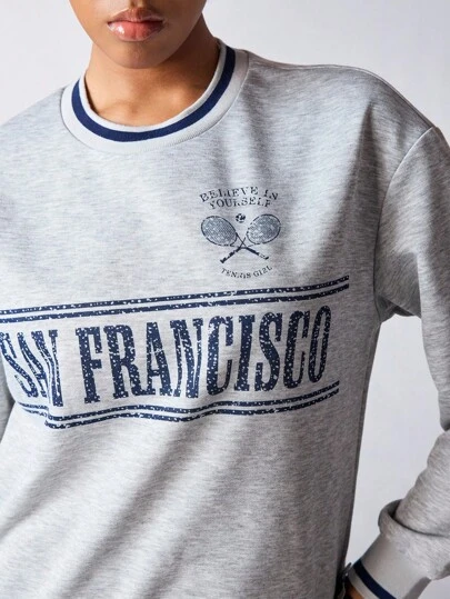 SHEIN Sports Women Letter Print Round Neck Long Sleeve Casual Sports Sweatshirt San Francisco Tennis Light Grey Sweatshirts Sporty Style, Preppy, Street Style Look Fleece Fabric Warm Sweatshirt Golf Club Crew Neck Women Sweatshirt