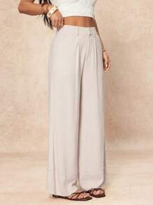 SHEIN PETITE Damen einfarbige plissierte weite Bein Lose Lässig Hose