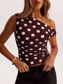 SHEIN BAE 夏季红白波点印花简约休闲不对称领口T恤，适合早午餐、外出、约会、通勤休闲、巡航女士、伊比沙岛、波点上衣 - 咖啡棕 - 查看 6