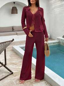 EURMUSE 女士夏季钩针海滩度假春季度假装波西米亚风纯棉白色派对太阳裙套装女式两件套沙滩装 - 酒紅色 - 查看 4