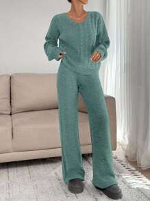 EURMUSE Pulover tricotat coordonat cu pantaloni și model cu împletitură