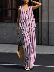 2 件套女士休闲条纹吊带背心和裤子套装 - 彩色 - 查看 3