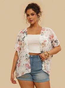 SHEIN VCAY Kimono de manga de murciélago con estampado floral para talla grande, de verano - Blanco - Ver 5