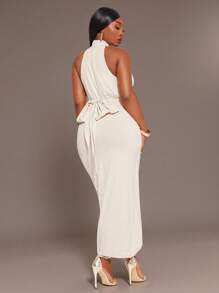 Radiana Đầm cổ yếm thanh lịch màu trơn cỡ lớn cho nữ, thiết kế xoắn eo thời trang, mùa xuân/hè - Màu be - Xem 10