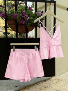Comfortcana 女士夏季休闲条纹吊带背心和短裤套装 - 粉色 - 查看 4