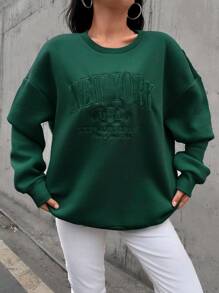 Cottnline Cotton Letter Embroidery Drop Shoulder Thermal Lined Sweatshirt - Dark Green - View 3