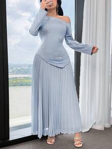 Feyla Robe à manches longues pour femmes avec encolure asymétrique et cravate taille