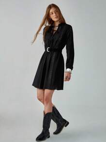 Chiquease Bohemian Romantic Lace Patchwork Dress For Women Black Dress Casual Black Dress Collared Dress Lace Dress Women Dress Fall Cloth For Women - Black - View 1